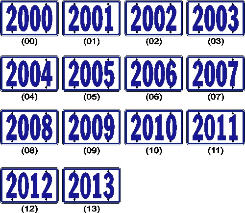Auto dealer model year ad license plates, blue and white, 6x12 inch polystyrene, years 2001-2013 shown