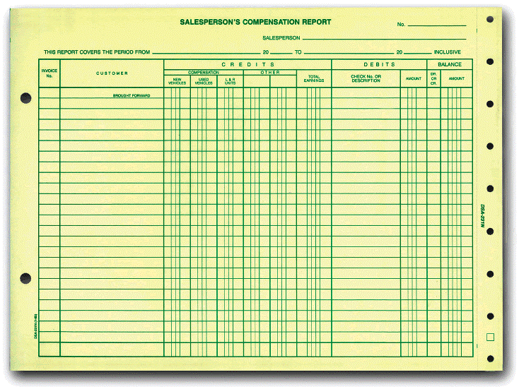 Auto salesperson commission compensation report form, 2-part carbonless, 11.625x8.5 inches, green ink