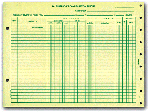 Auto salesperson commission compensation report form, 2-part carbonless, 11.625x8.5 inches, green ink