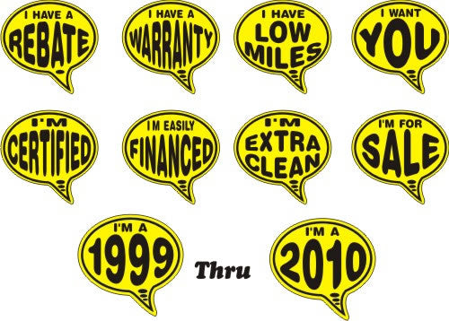 Car Thoughts sticker - I Have a Warranty, black and yellow windshield decal
