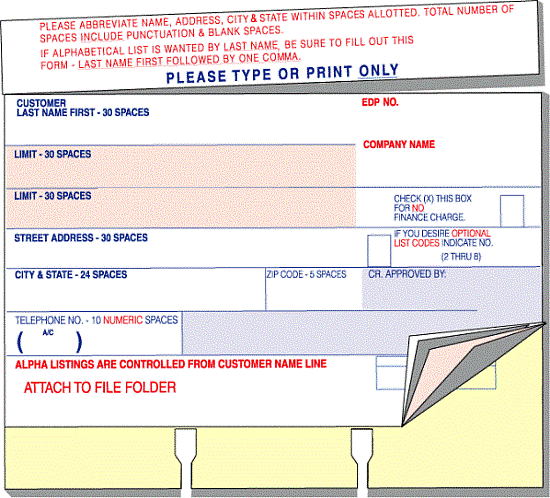 Customer account label, Car Deal Label form, 5x3.75 inches, punched for rolodex filing, blue and red print