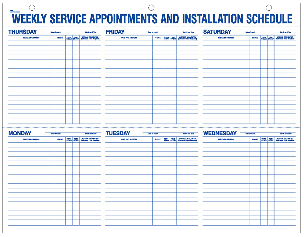 Weekly Service Appointments and Installation Schedule