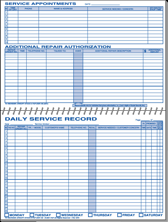 Daily Service Record Book – Coil-Bound