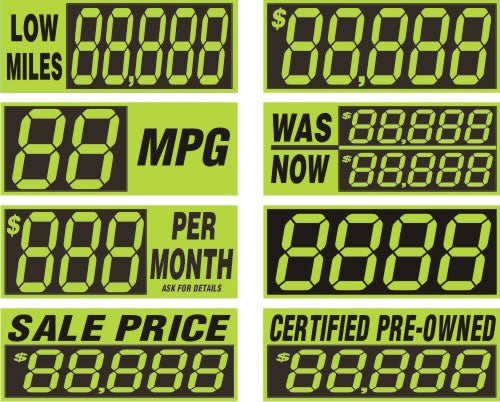 Digicals customizable windshield sticker, green and black, per month and sale price designs, 5.5x14 inches