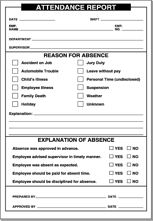 Employee attendance history report form, 2-part carbonless, 8.5x5.5 inches, reason for absence checklist