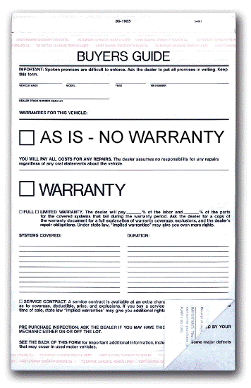 FTC Used Car Buyers Guide Form – 2 part