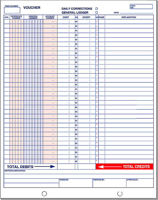 General journal voucher form compatible with ADP system, 8.5x11 inches, debit and credit ledger columns