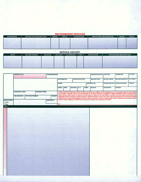8.5x11 laser repair order form compatible with Reynolds and Reynolds ERA system