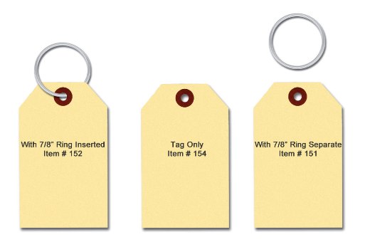 Manila key tags, 2.75x1.375 inches, with reinforced eyelet - blank, with ring, and tag only styles