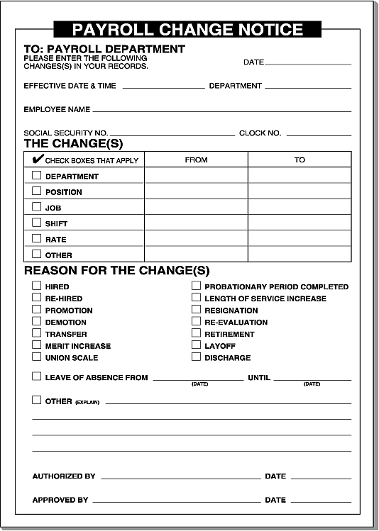 Payroll change notice form, 2-part carbonless, 5.5x8.5 inches, employee change of status checklist