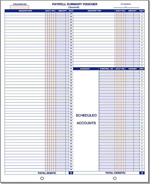 Payroll summary voucher form with scheduled accounts section, 8.5x11 inches, debit and credit columns