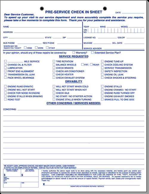 Pre-Service Check-In Sheet