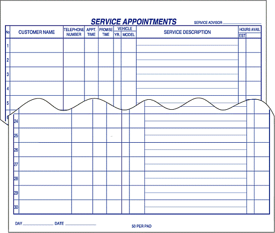 Service appointment pad for car dealers, 11x17 inches, lined for 50 entries