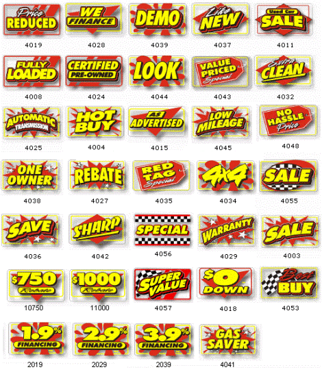 Car Splash static cling windshield decal styles for auto dealers - price reduced, we finance, certified pre-owned, and more