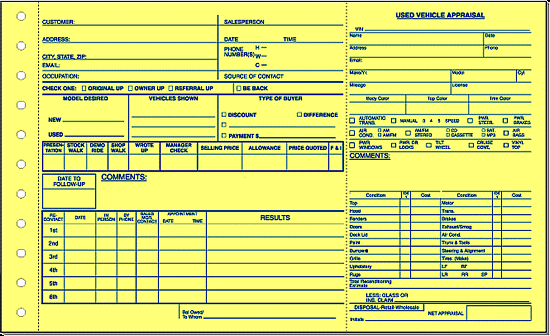 Car appraisal and customer prospecting form for automotive dealerships