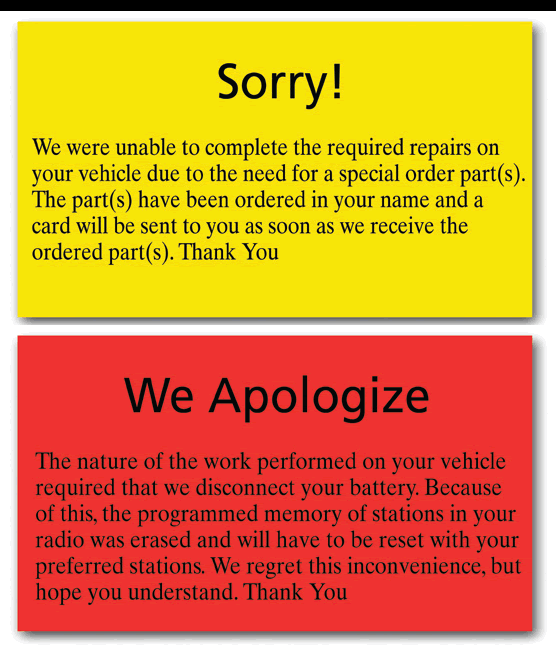 We Apologize customer service cards for auto dealerships